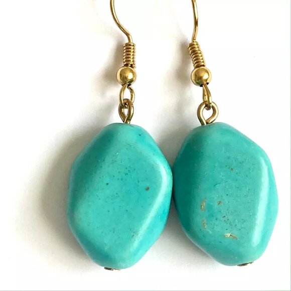 Aqua Turquoise Stone Earrings Gold Plated Dangle Chunky Statement Southwestern - Picture 5 of 9